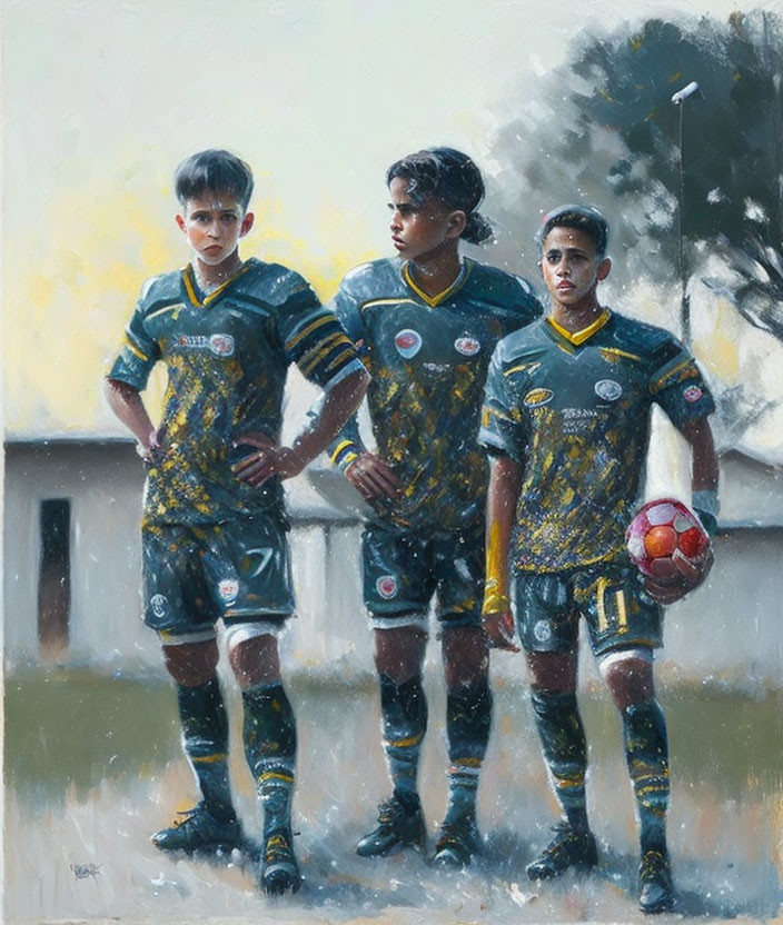 Three young soccer players in matching uniforms on misty field