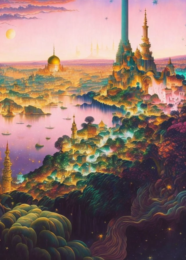 Mystical landscape with golden domes, boats, and towering spire