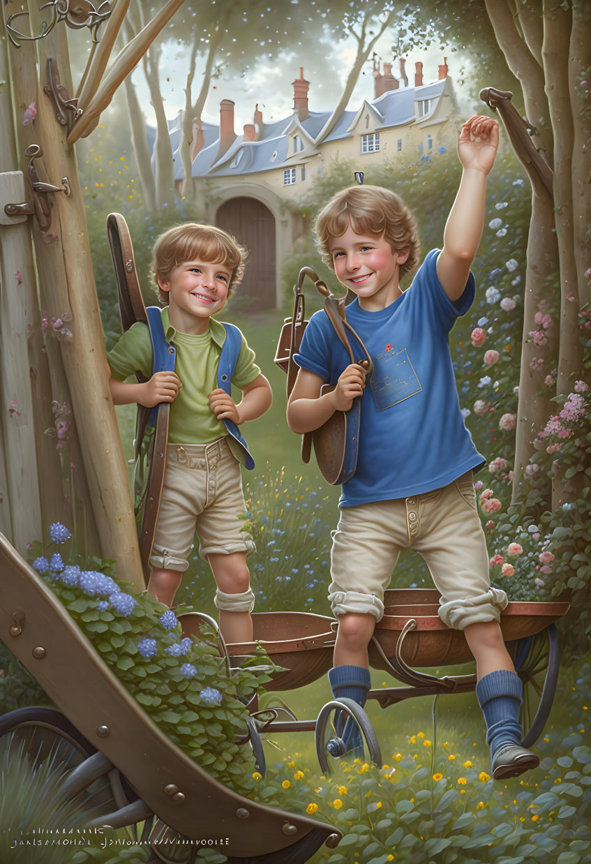 Two boys playing outdoors with stick and wheelbarrow in vibrant garden.