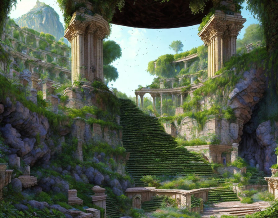 Ancient overgrown temple ruins with columns and lush greenery.