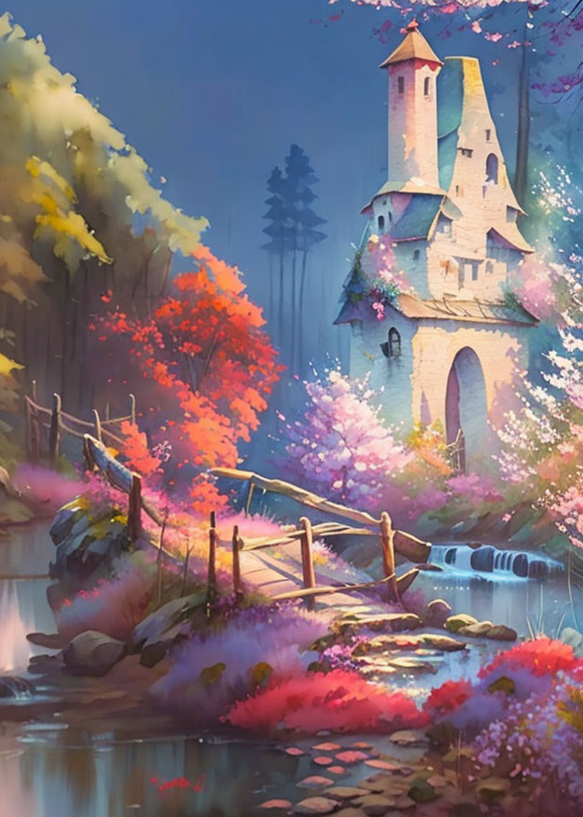 Fairytale tower painting with autumn trees and river bridge