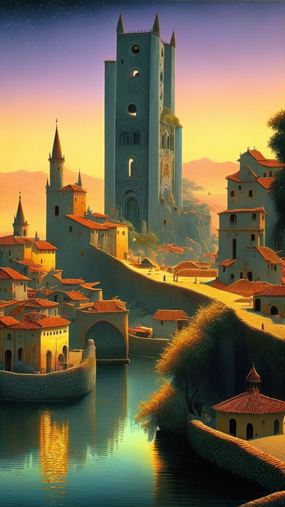 Fantasy landscape featuring orange-hued buildings, central tower, and starry sky at dusk