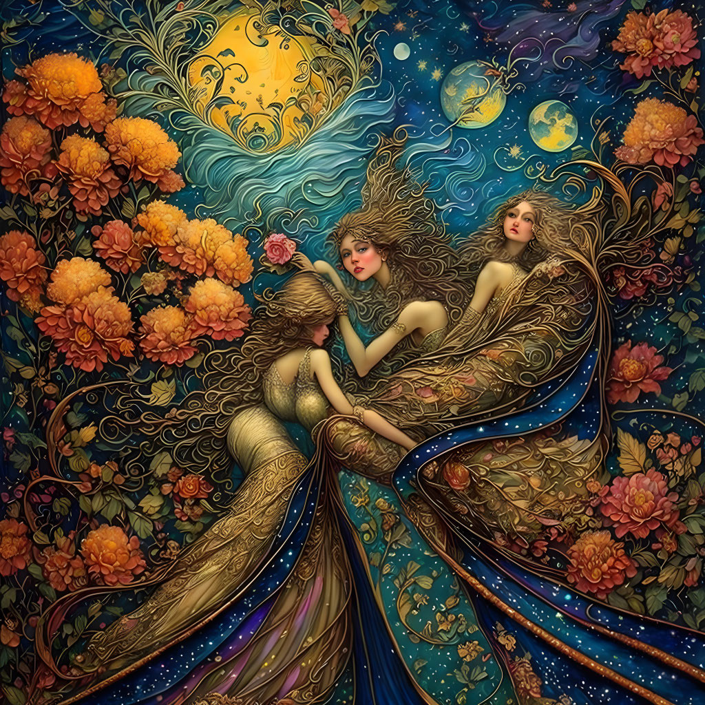 Artwork: Two Women in Flowing Dresses with Floral Motifs Under Starry Night Sky