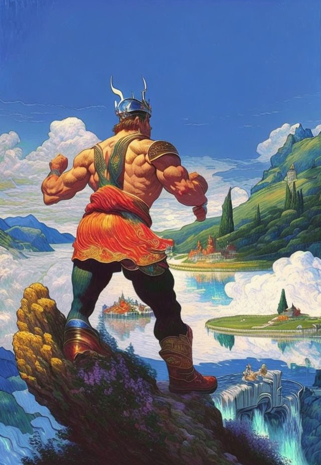 Mighty Warrior Overlooking Mythical Landscape Scene