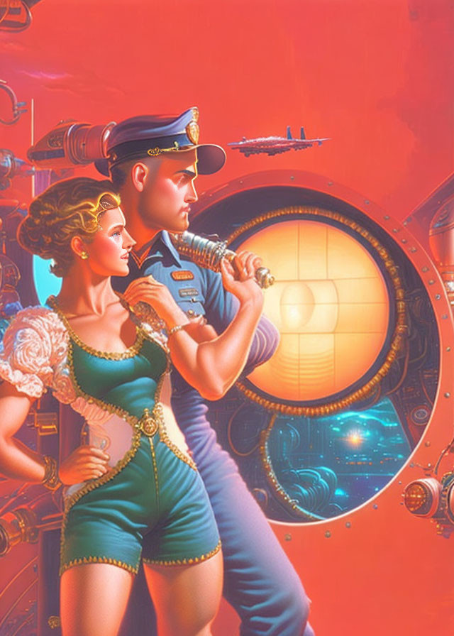 Retro-futuristic illustration of man and woman in military and vintage outfits viewing space scene.