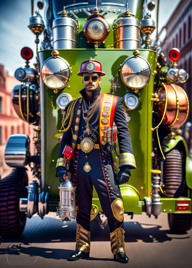 Steampunk-inspired digital artwork of a confident man in ornate uniform