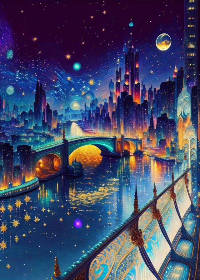 Fantastical cityscape at night with skyscrapers and star-filled sky