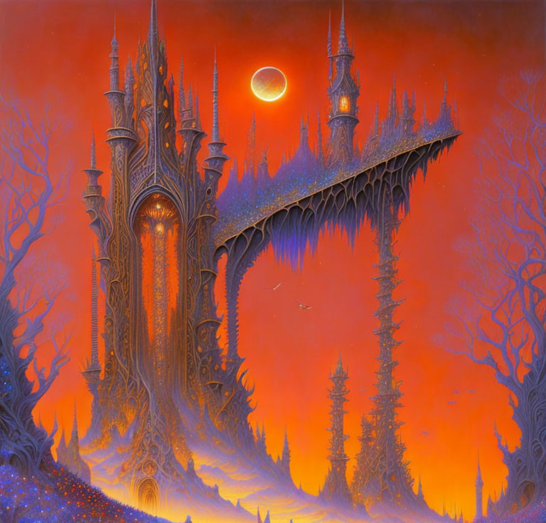 Gothic castle illustration in moonlit night landscape