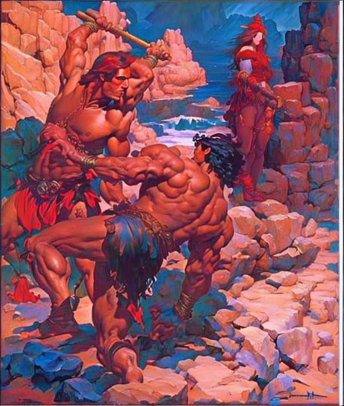 Muscular warriors in fierce melee with bone weapon on rocky coastal backdrop