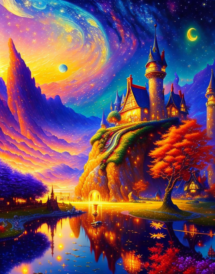 Fantasy landscape with glowing castle, colorful sky, reflective lake, and autumnal tree