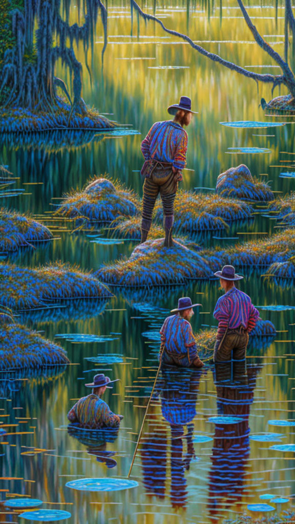 Three people fishing in plaid shirts and hats by a serene lake surrounded by trees.