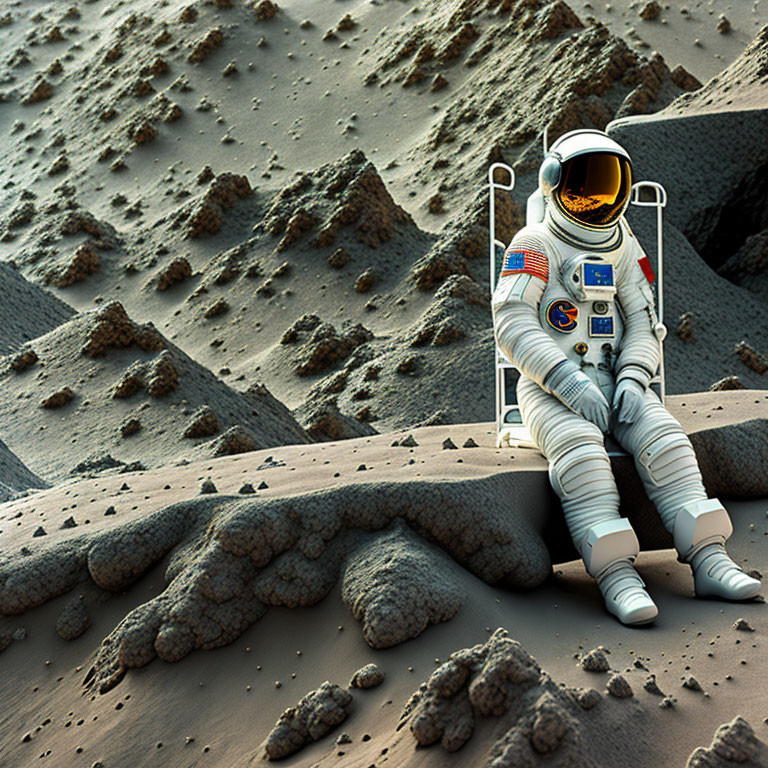 Astronaut in white space suit on rocky Mars-like terrain