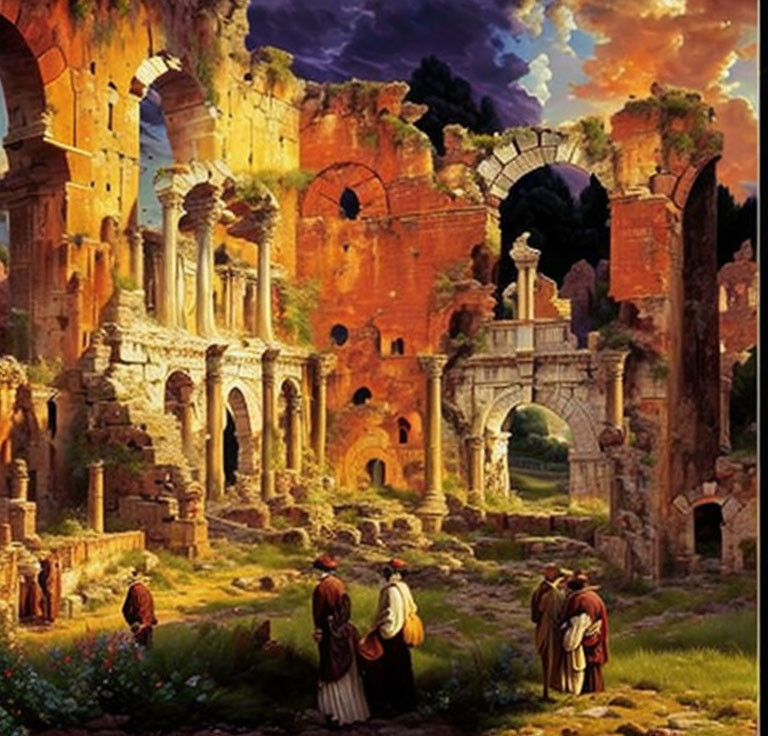 Ancient ruins illuminated by golden light and sky