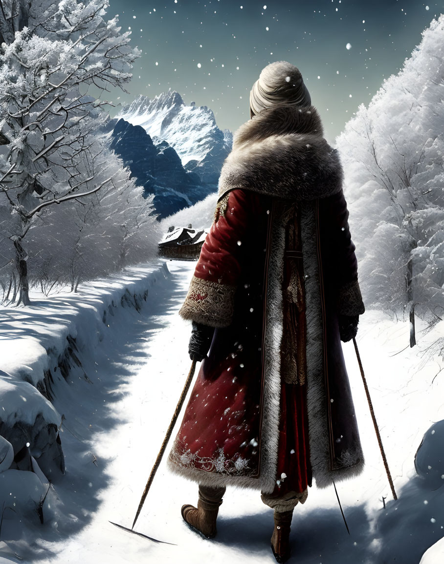 Person in Red Cloak Observing Snowy Mountain Range