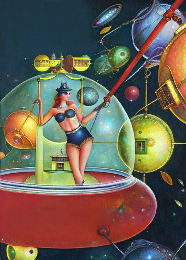 Colorful retro swimsuit woman on ringed planet surrounded by spaceships