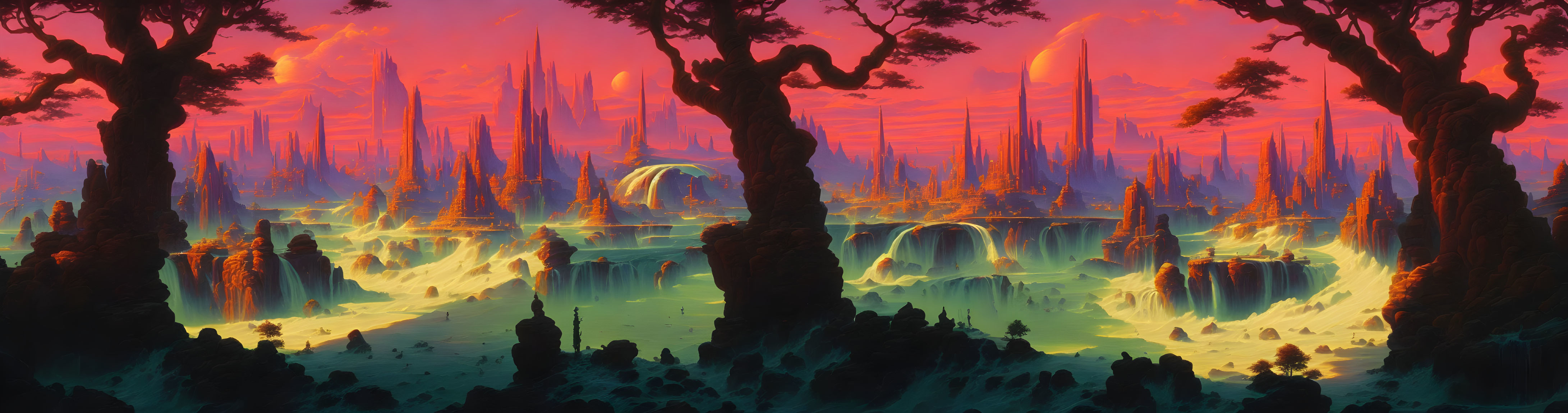 Fantastical landscape with towering trees and waterfalls under red sky