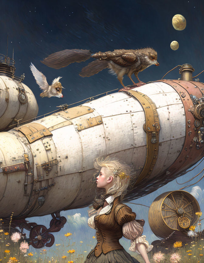 Vintage Attired Girl Gazes at Steampunk Airship in Night Sky