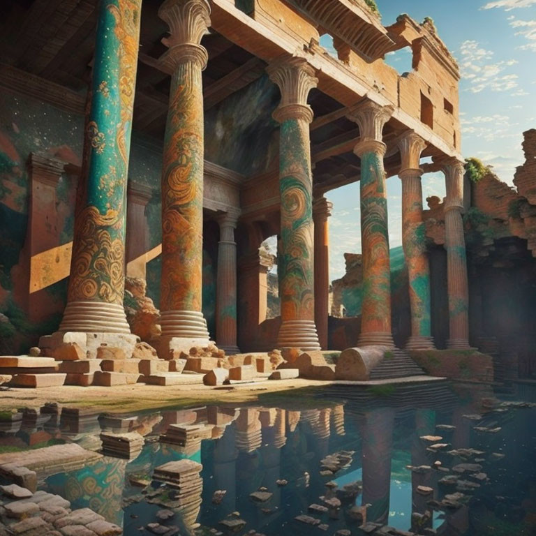 Ancient building ruins with ornate columns reflected in water.