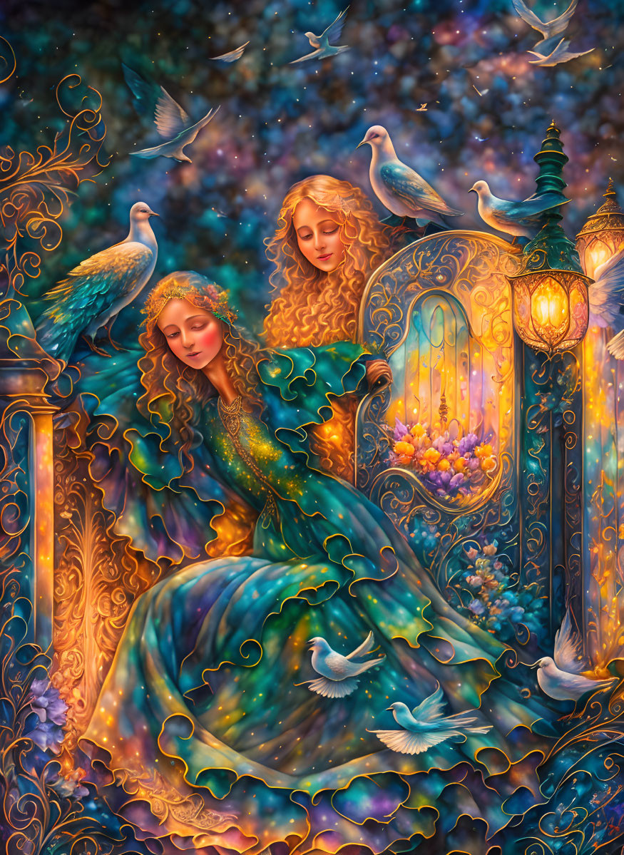 Ethereal women in elaborate dresses with wings in magical setting