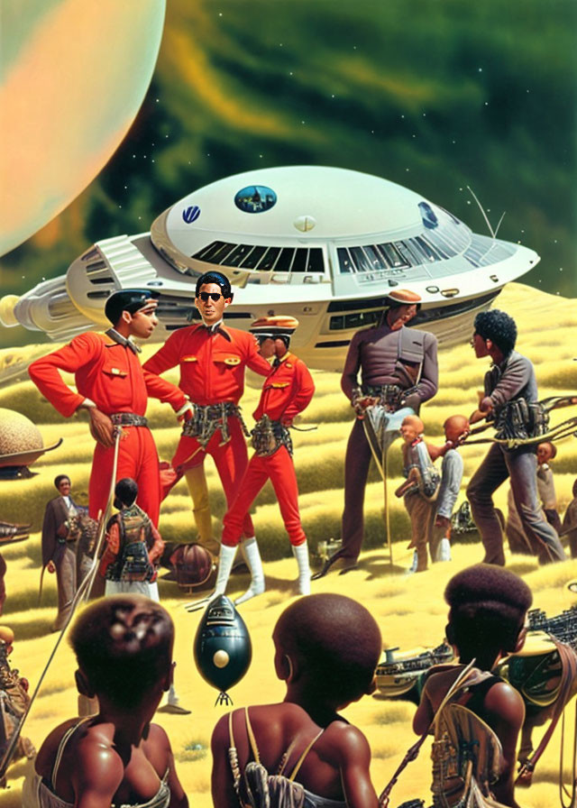 Diverse group in colorful costumes with classic spaceship & alien landscape