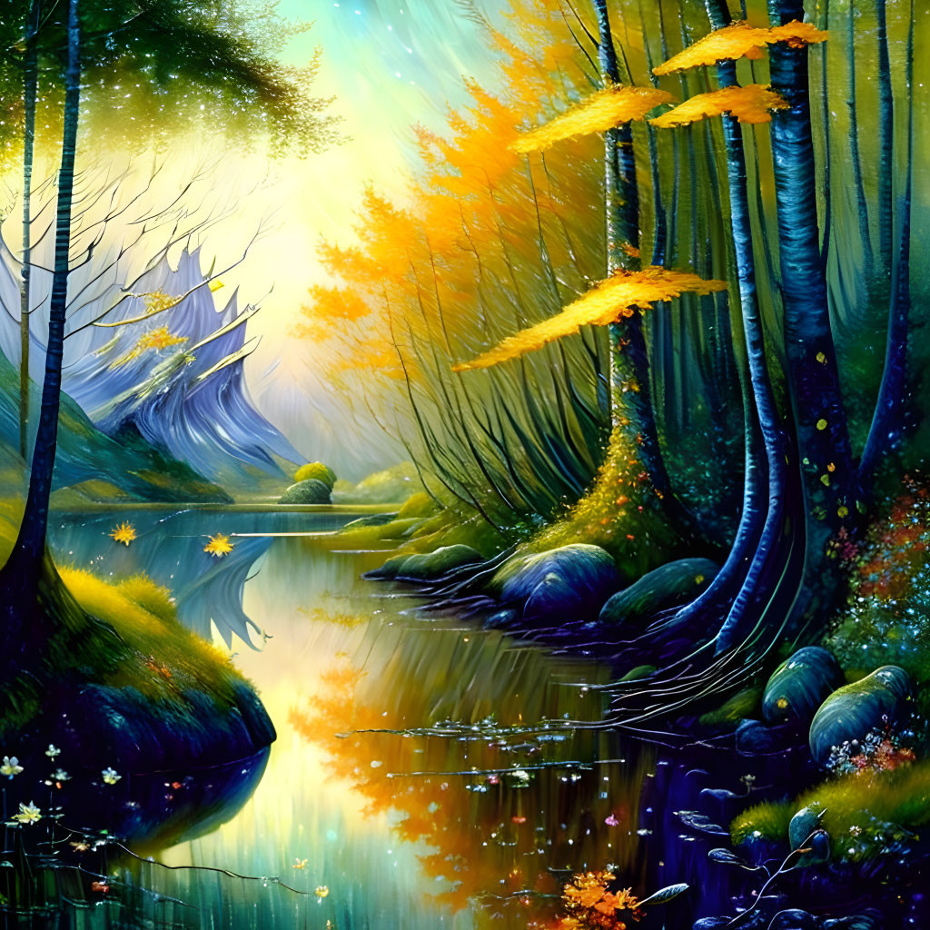 Enchanting forest scene with glowing river and floating lights