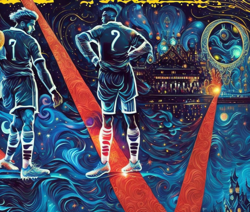 Vibrant artwork featuring two soccer players with cosmic and architectural elements