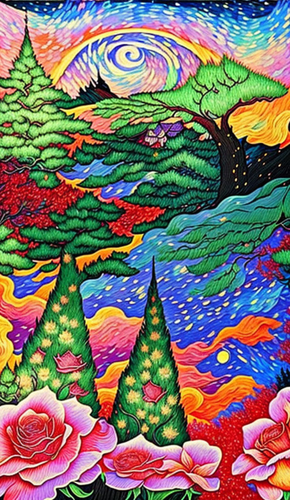 Vibrant psychedelic artwork: trees, swirling skies, blooming roses