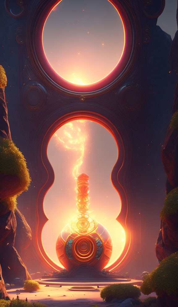 Mystical portal with fiery swirls in stone frame amid towering cliffs & serene sunset sky