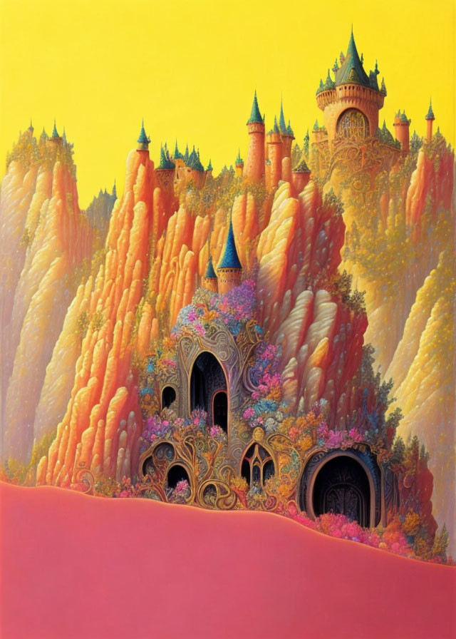 Colorful fantasy castle among golden rock formations with lush flowers.