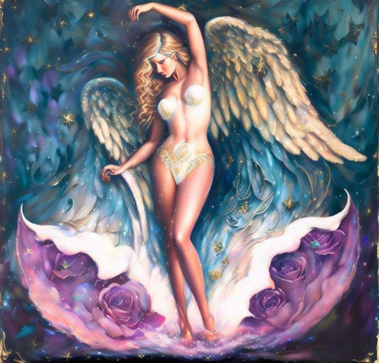 Fantasy-themed winged feminine figure surrounded by stars and flowers