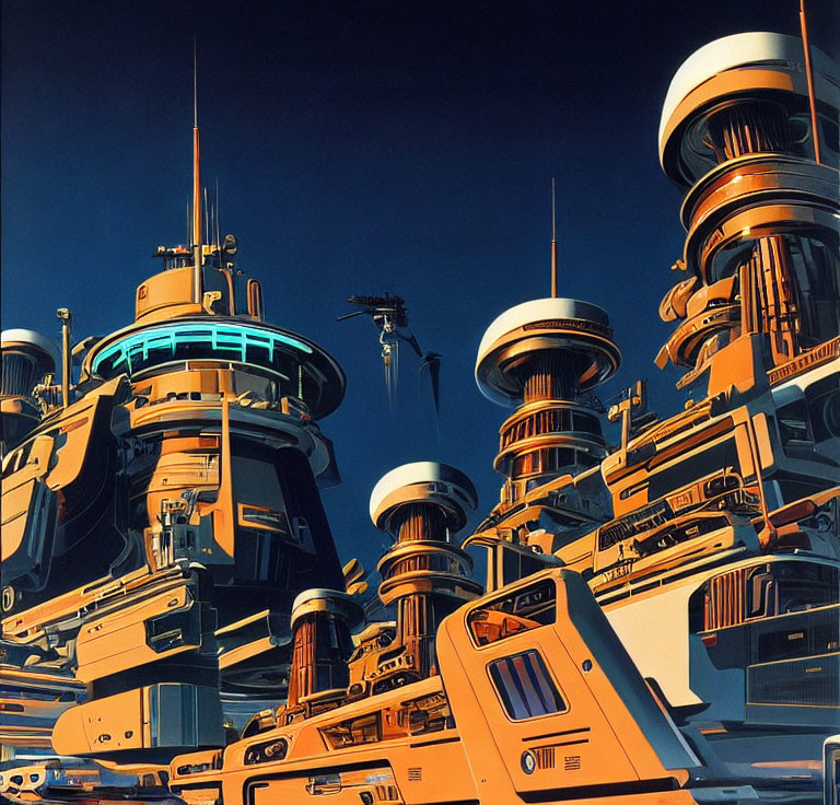 Futuristic cityscape with towering cylindrical structures and antennae.