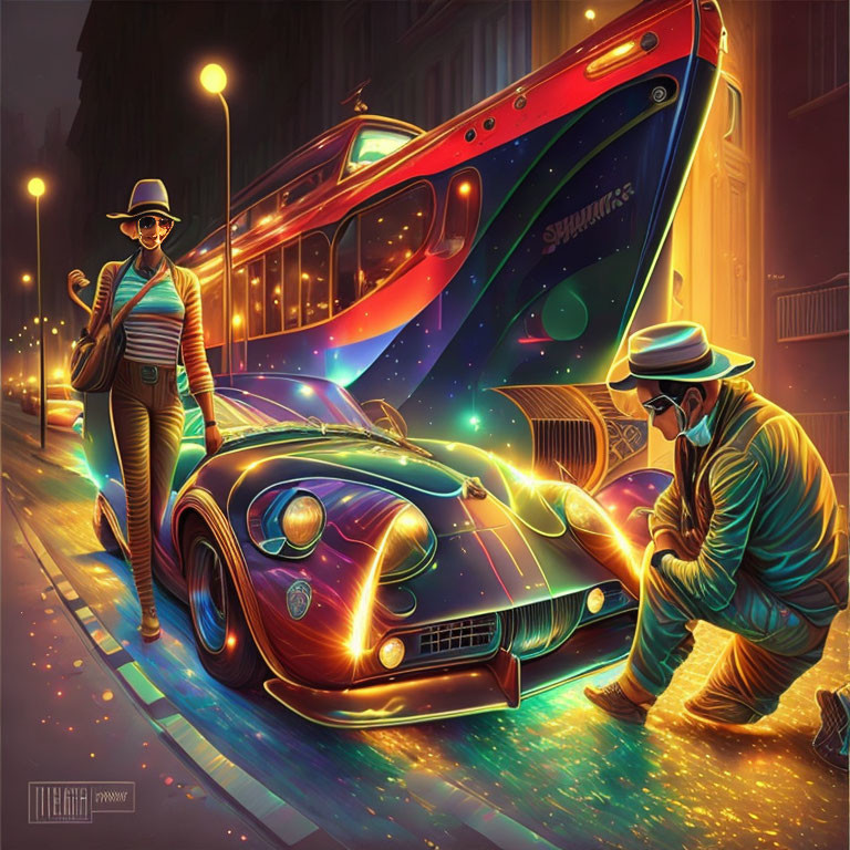 Retro-futuristic street scene with stylish person, classic car, and hovering bus under neon lights