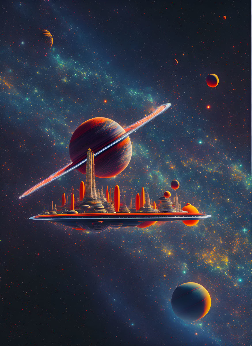 Futuristic floating city illustration with ringed planet in starry space