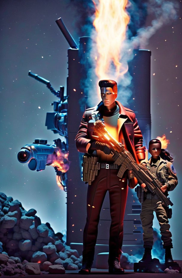 Stylized animated soldiers in futuristic gear by burning tower