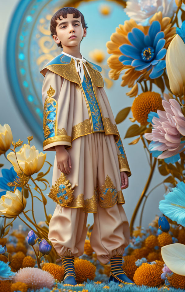 Child in Beige and Blue Traditional Costume Surrounded by Oversized Flowers