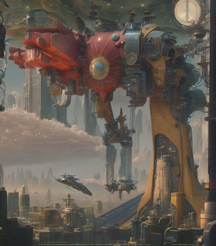 Futuristic cityscape with towering structures and flying vehicles