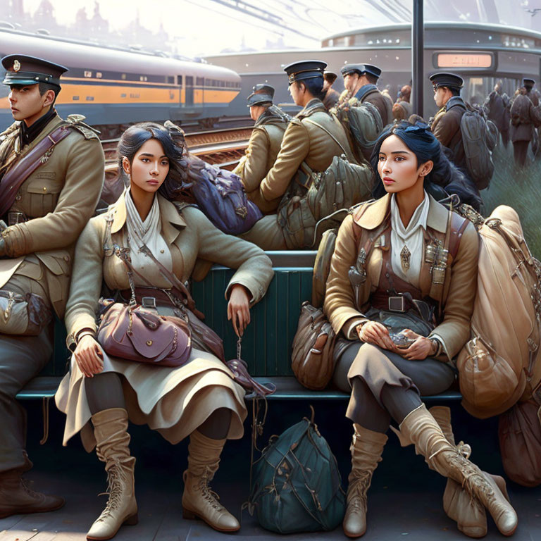 Military women at train station with soldiers and steam trains.