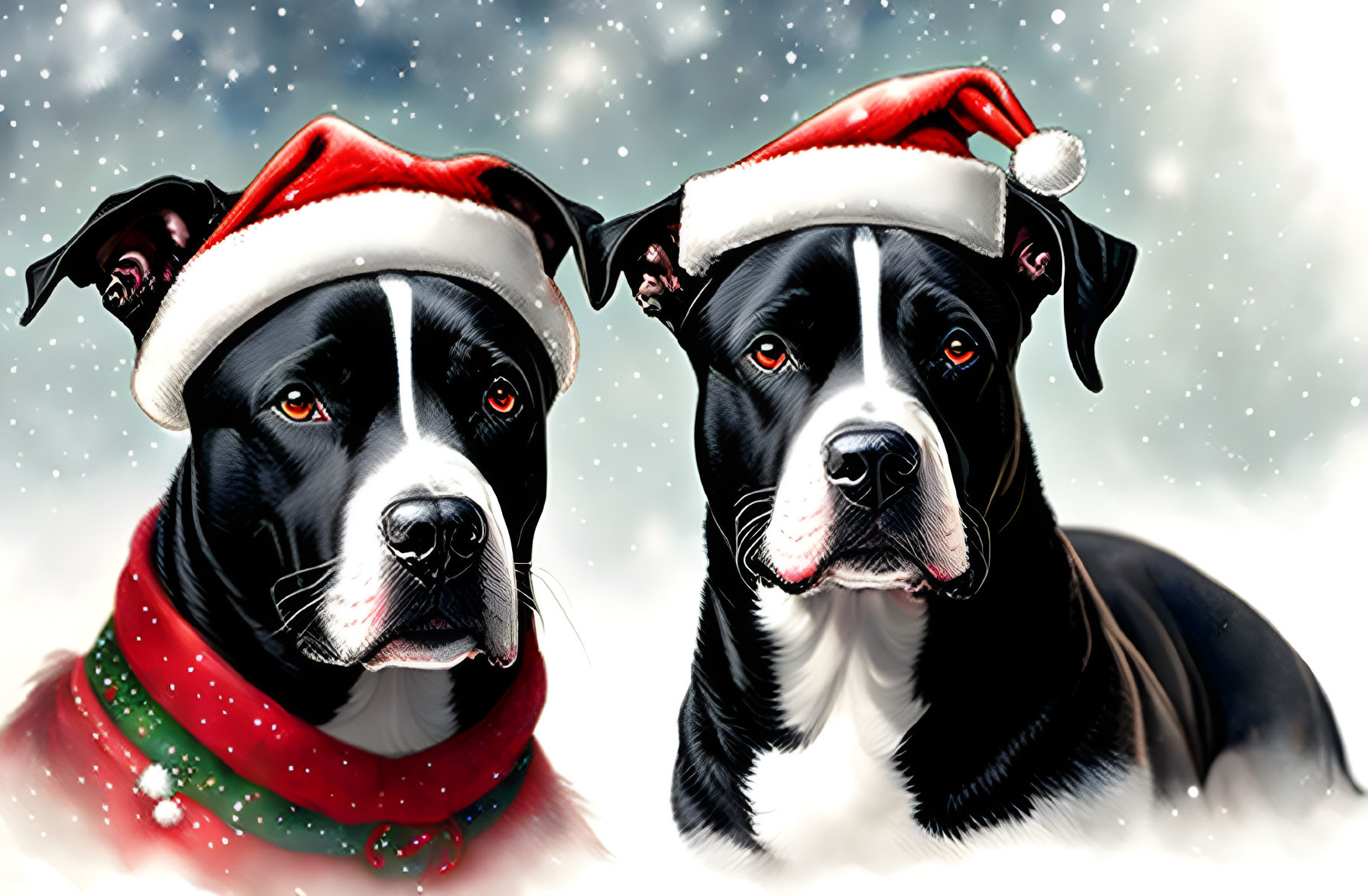 Black and white dogs in Santa hats with falling snowflakes