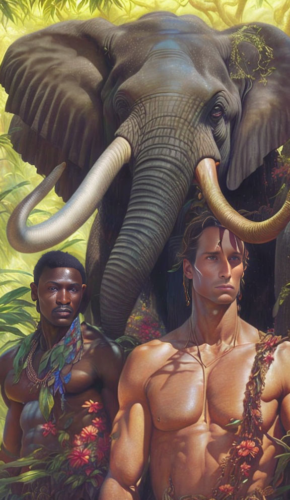 Men with elephant in lush tropical setting.