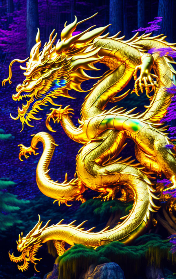 Intricate Golden Dragon Sculpture in Purple Forest