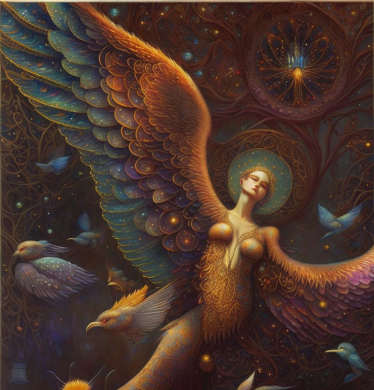 Fantasy painting of woman with bird-like wings in celestial background