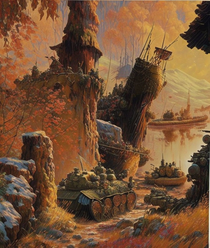 Fantastical autumn landscape with tanks, shipwreck, cliffs, and castles