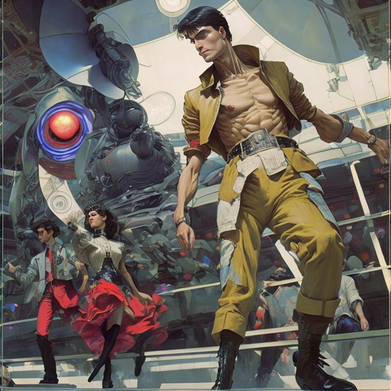 Futuristic stylized illustration of three people in sci-fi attire