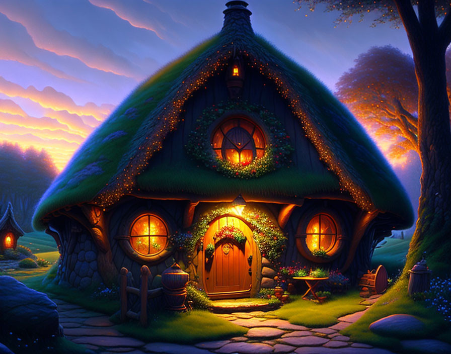 Thatched roof cottage in twilight-lit forest clearing