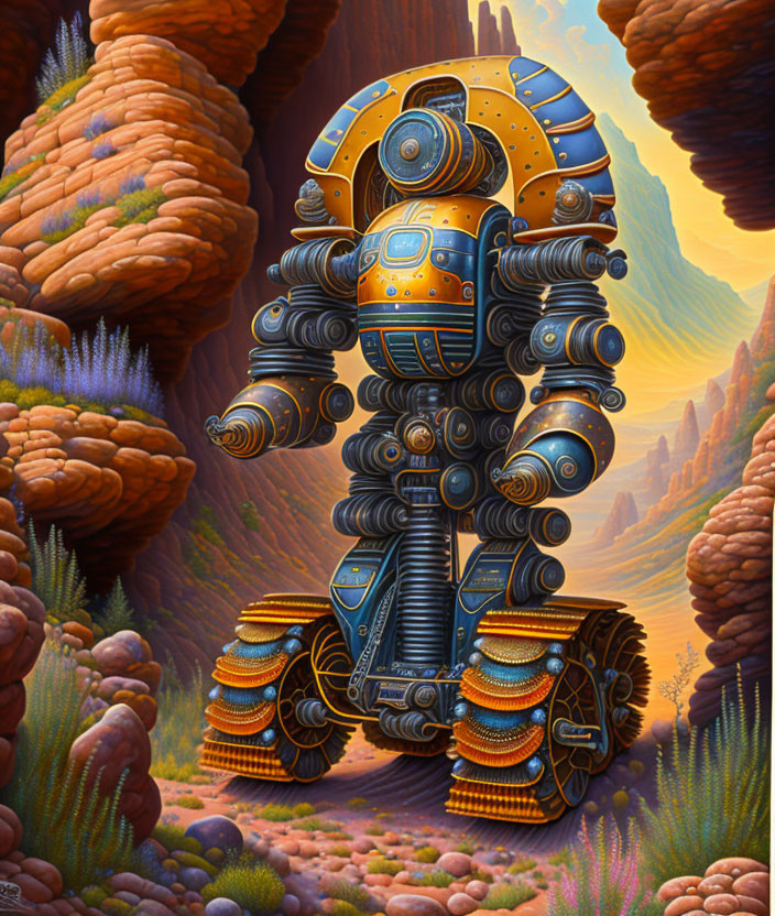 Detailed Painting: Multi-Wheeled Robot in Desert Canyon