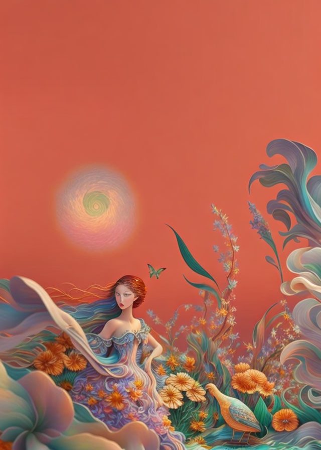 Illustration of woman with red hair in blue dress among whimsical nature under swirling sun