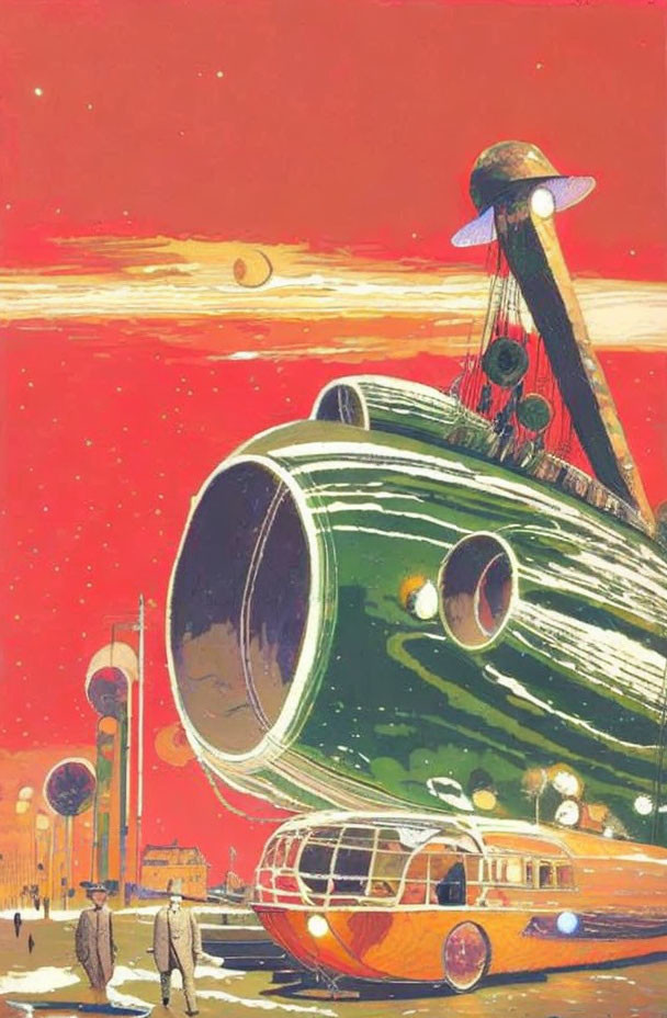 Large Green Spaceship & Glass-Domed Vehicle in Retro-Futuristic Illustration