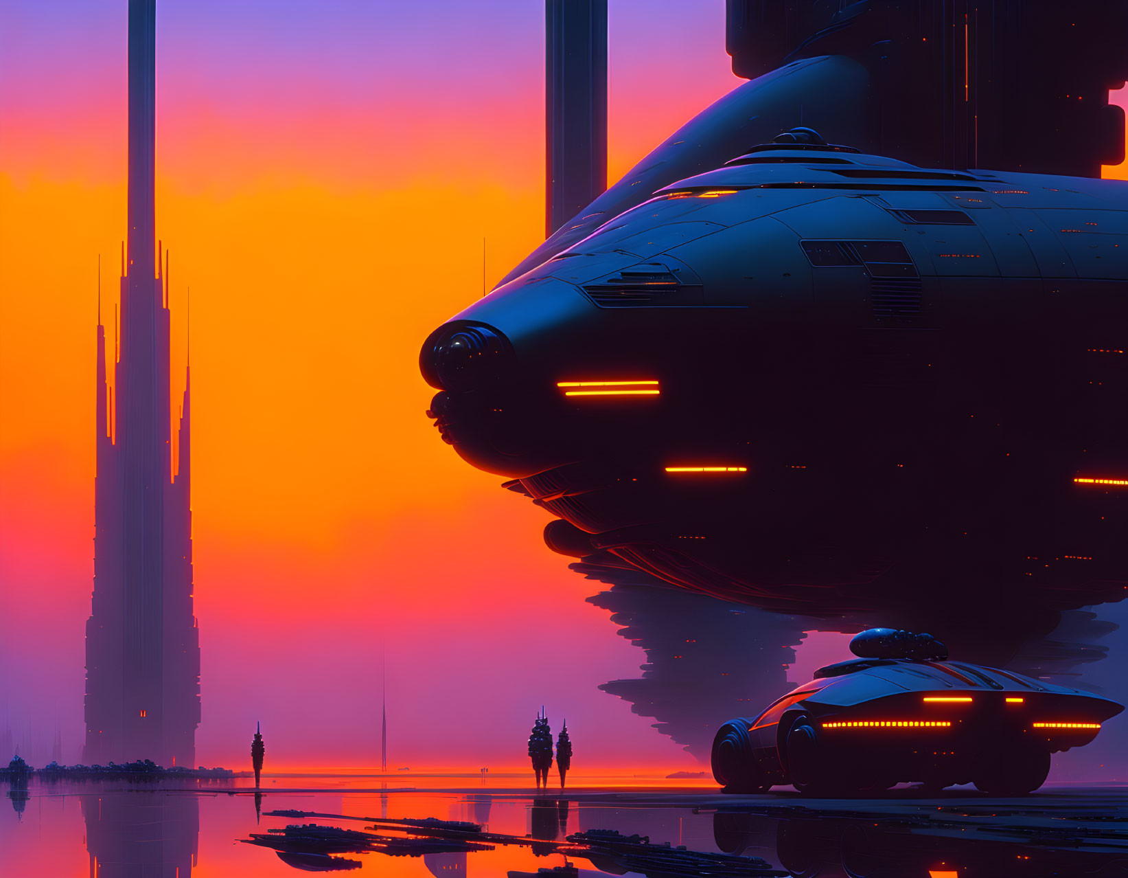 Futuristic cityscape with towering structures, spacecraft, ground vehicle, and figures at sunset