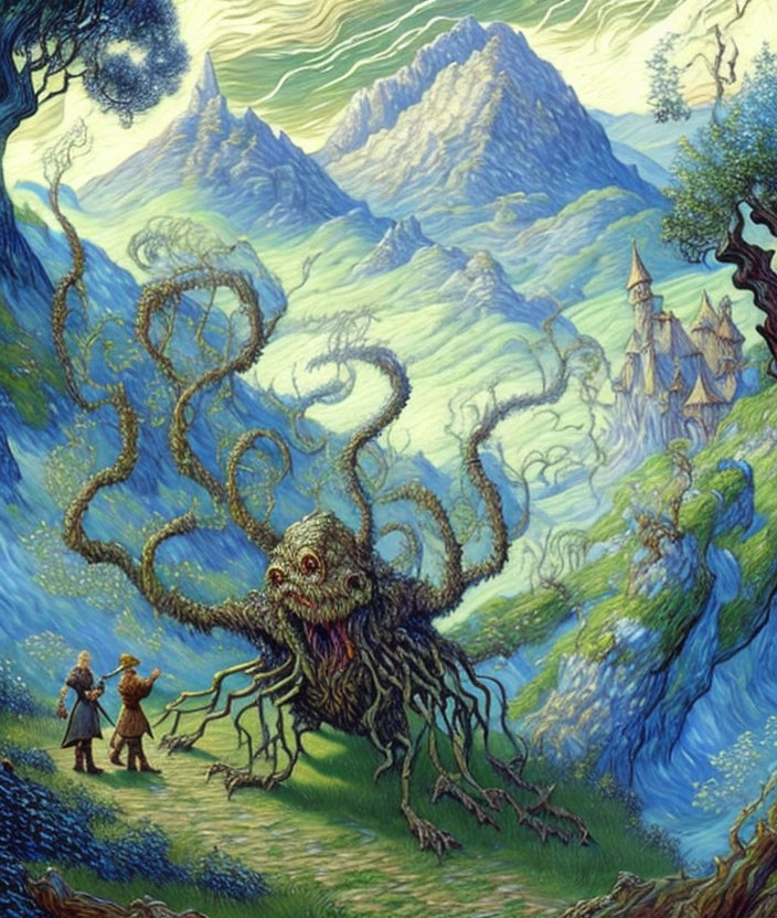 Fantastical artwork: Tree-like creature with eyes and tentacles, mystical mountains, castle