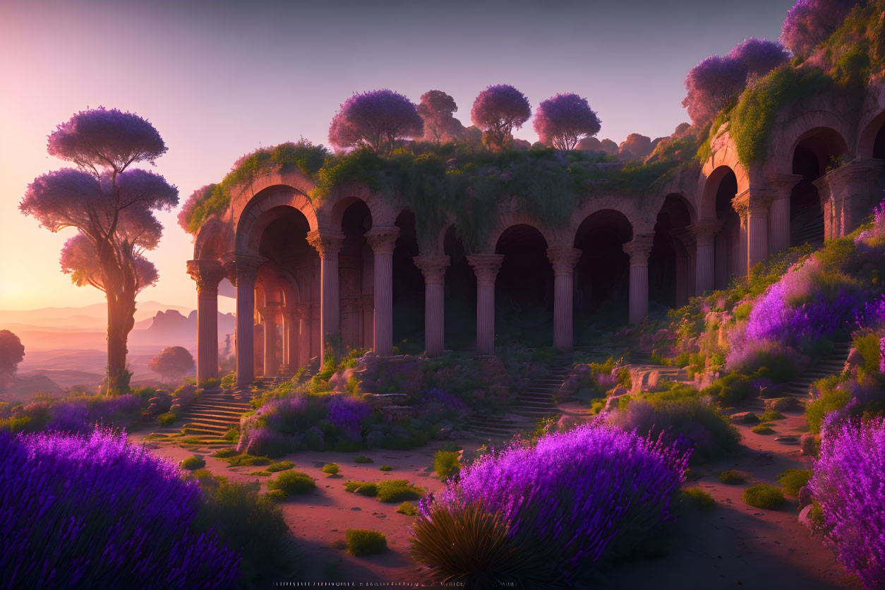 Ancient ruins with arches and columns in lush landscape at sunset